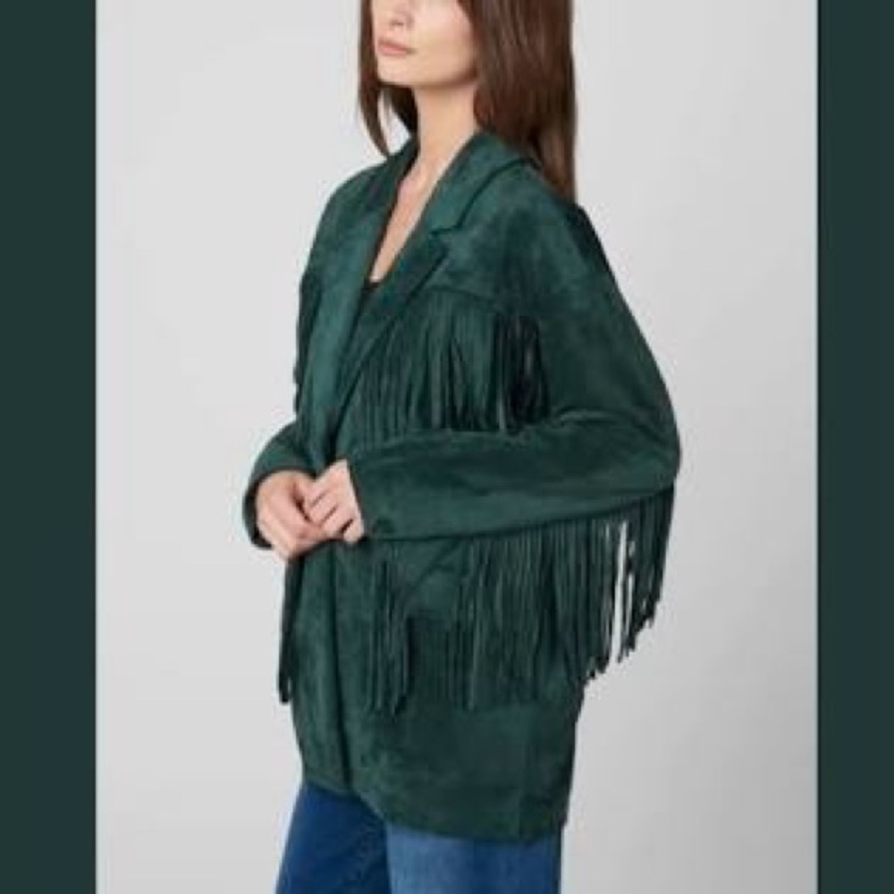 BLANK NYC Deep Dive Faux Suede Fringe Blazer Jacket Dark Teal Green Small New - Picture 8 of 8